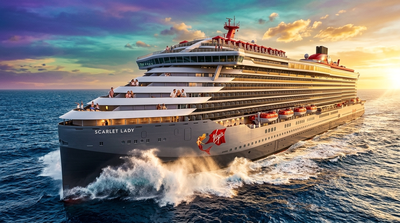Virgin Voyages Scarlet Lady cruise ship cutting through Mediterranean waters at sunset